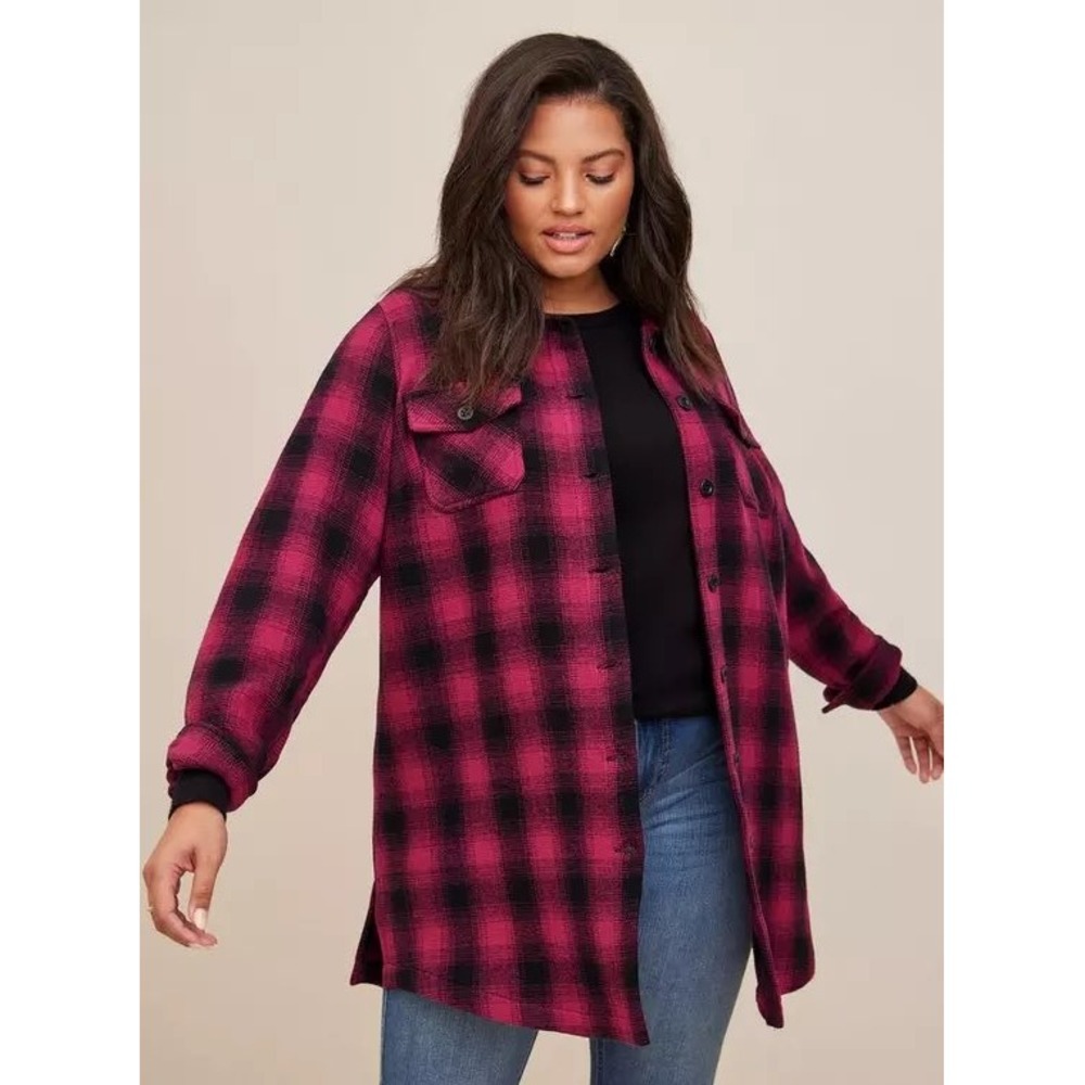 Torrid Pink Black Buffalo Plaid Cotton Flannel Longline Shacket Tunic size 2